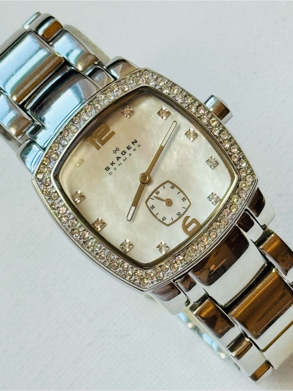 Skagen Mother Of Pearl Women's Crystals Square Silver Bracelet Watch 555SSXD